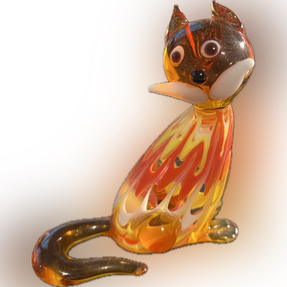 Vintage Murano Hand Blown Glass Orange and Red Swirl Cat Figure